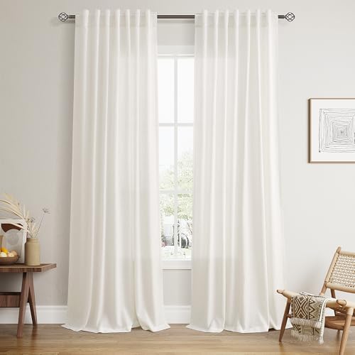 Nanspring Extra Long Linen Curtains 108 Inches 9ft Beige White 2 Panels