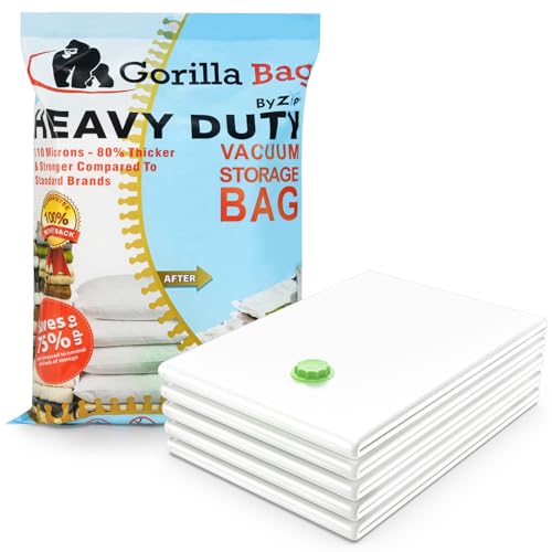 HEAVY DUTY 5 VACUUM STORAGE BAGS by Gorilla Bags, Extra Large 100x80cm. Extra Strong 110 Microns. Double Zip Seal & Unique Turbo Valve Keeps Items Compressed For Longer.