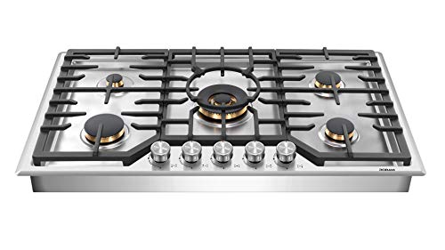 ROBAM G515 36â€ Gas Cooktop Stove with 5 Italian-Made DEFENDI Burners (Pure Copper) | 20,000 BTU w/Flame Failure System, Matte Cast Iron Grates (Including Wok Grate) | Natural Gas Or LPG