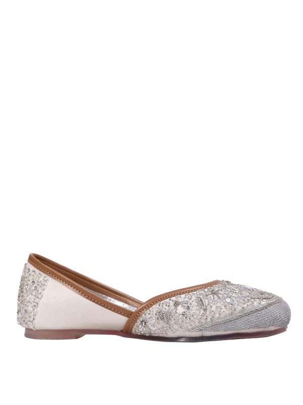 Gold Women's Embroidered Jutti for Women | Handcrafted Ethnic Ballet Flats | Traditional Punjabi Mojari | Cushioned Slip-On Wedding & Festive Footwear | Silver Embellished Flat Shoes-image-40