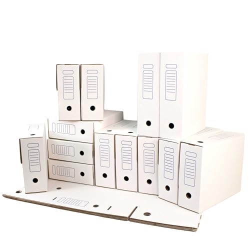 ONLY BOXES Pack 20 Cajas Archivo definitivo Automontables A4 - Cartón Ondulado 3 mm, Cierre Automático Sin Cinta, 100 % Reciclables, Medidas : 36x10.3x27.1 cm, color Blanco