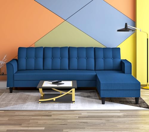 Image of Adorn India Maddox Tufted L Shape 5 Seater Sofa Chenille Sofa Set RHS (Blue) (3 Year Warranty)