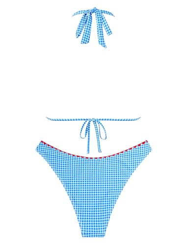 Image of ZAFUL Women Halter Dual Straps Whip Stitch Floral Triangle Bikini Swimsuits | Color Block Whip Stitches Trim, Halter Dual Shoulder Straps, Popular Floral Print, Cheeky Bikini Bottom, Tie Back
