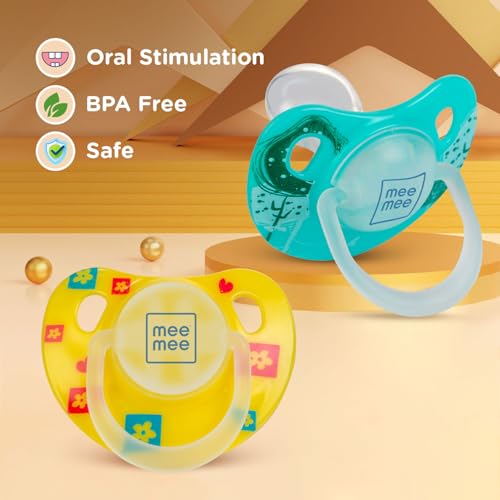 Image of Mee Mee Baby Silicone Pacifier | Orthodontic Nipple for Oral Stimulation | Unique Shape to Support Psychological Breathing | Soother for Babies | Easy to Clean | 0-18 Months (Yellow /Green) Pack of 3