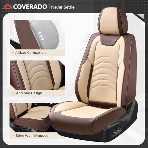 Image of Coverado Seat Covers, Car Seat Covers Front Seats, Faux Leather Automotive Seat Covers Luxury Waterproof Car Seat Cover Protectors Carseat Cover Universal Fit for Most Cars Trucks SUV, Coffee&Beige