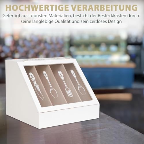 Riyashop Cutlery Tray with Hinged Lid - Rustic Shabby Chic Balsa Wood Organiser, 4 Compartments, 26 x 30 x 24 cm - Practical Cutlery Storage for Kitchen, Buffet, Party, Housewarming - Cream - Image 6