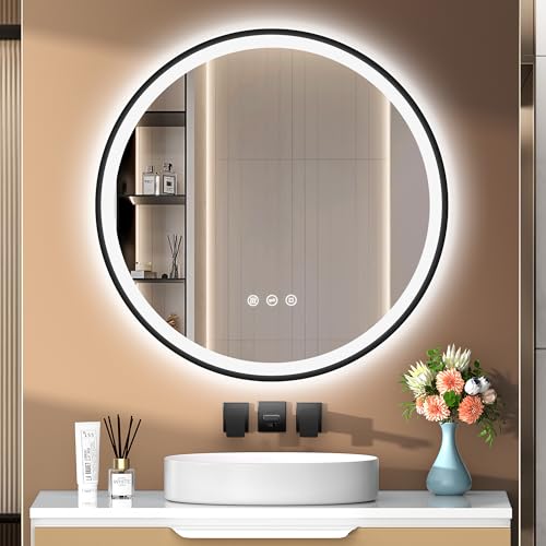 PESENXAN Espejo redondo de 70 cm con iluminación – Espejo con marco negro, antiempañamiento, regulable, 3 colores de luz, espejo de baño LED con interruptor táctil, función de memoria y ahorro de