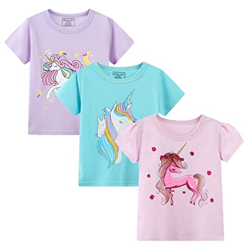 Toddler Girls' Short Sleeve Tees Shirts Cotton Casual Graphic Easter Pink Purple Blue Unicorn Crewneck Ruffle Cute T-Shirts Tops 3 Packs Sets 4T #TOP2