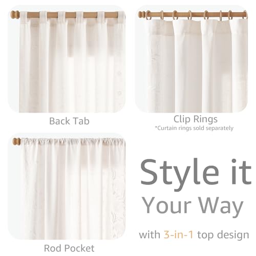 Image of jinchan White Floral Linen Curtains for Living Room 84 inch Back Tab 2 Panels