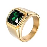 PMTIER Men's Stainless Steel Gold Plated Ring with Square Green Gem Stone Size 9