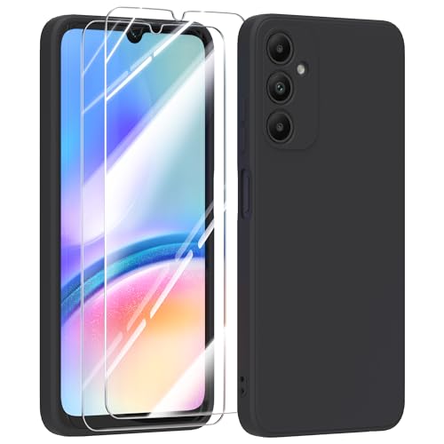 MIKULLE Hülle für Samsung Galaxy A05s 4G HandyHülle + 2 Stück Schutzfolie Dünn Weiche Liquid Silikon TPU Stoßfeste Schutzhülle mit Microfiber Case - Schwarz