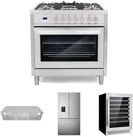 COSMO 4-Piece Kitchen Appliance Packages, 36" Dual Fuel Range, 36" Range Insert Hood, 24" Wine Cooler and 36" French Door Refrigerator with Water Dispenser