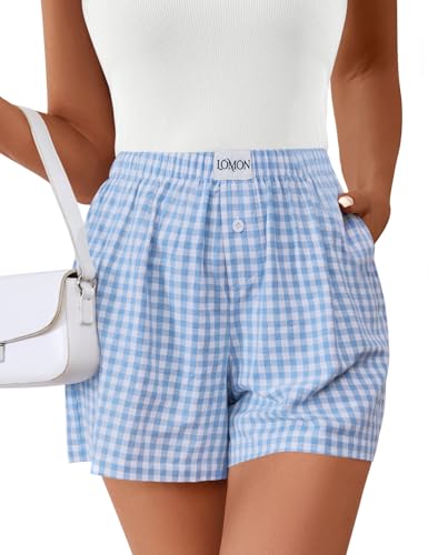 Image of LOMON Boxer Shorts for Women Summer Gingham Pajamas 2026 Lounge Sleep Pj Plaid Shorts Y2K Beach Bottoms with Pockets