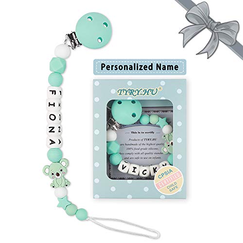 Attaches Sucettes Nom Personnalisé Silicone Koala Loup Clips factices pour Garçons et Filles Bébé Sans BPA (Vert)
