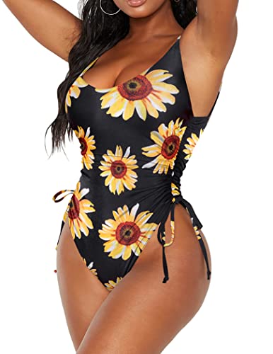 Aolro Tummy Control Swimwear Halter One Piece Slimming Vintage Retro Swimsuit Womens Push Up Bathing Suit Sunflower #TOP22