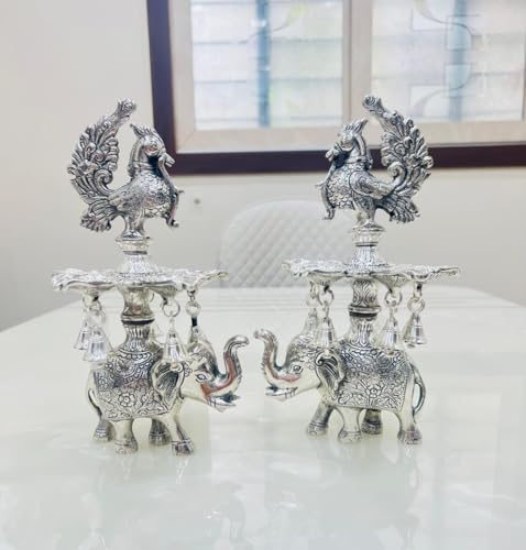 Image of German Silver Peacock Samai Pair Diya Stand with Elephant Base & Plate - Decorative Oil Lamp Set for Home, Temple & Festive Decor, Pack of 2, 20 x 6.5 Inch Silver Finish (12 x 7 Inch)