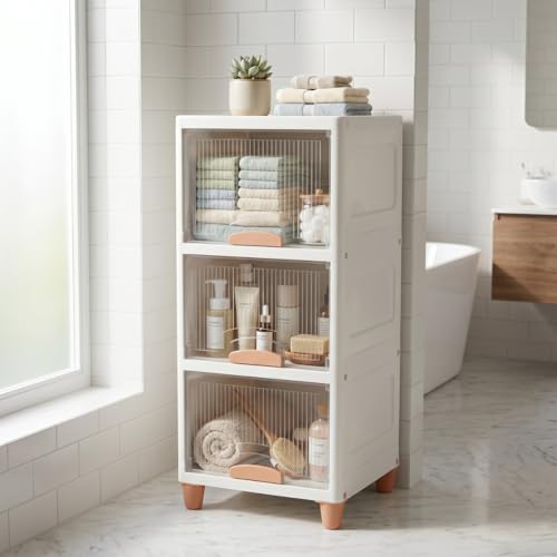 Image of Ash & Roh 3-Tier White Multi-Layer Plastic Storage Cabinet with Transparent Flip Door | Space Saving Organizer for Kitchen, Bedroom, Office | Foldable Stackable Storage Unit with Legs