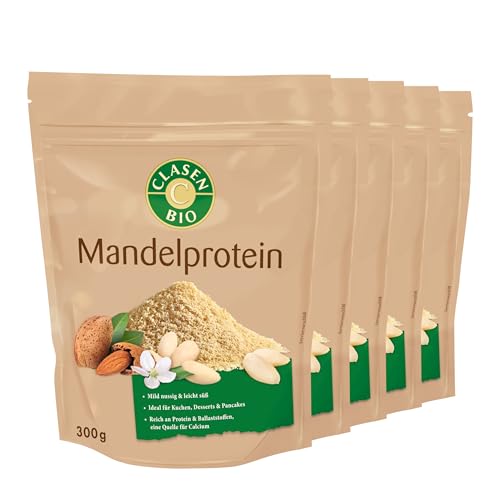 CLASEN BIO – Mandelprotein 5x300g Bundle – Mandelmehl teilentölt mild nussig & leicht süß – Low Carb Almond Flour ideal für Kuchen, Desserts & Pancakes – Reich an Protein, Ballaststoffen, Calcium