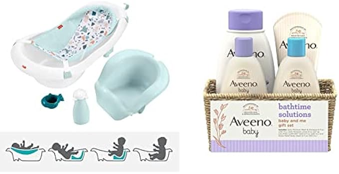Fisher-Price Baby to Toddler Bath 4-in-1 Sling ‘N Seat Tub with Removable Infant Support and 2 Toys & Aveeno Baby Mommy & Me Daily Bathtime Gift Set