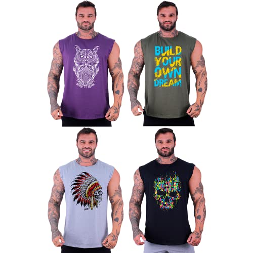 Kit 4 Regatas Machão Longline Masculina MXD Conceito Sem Manga Treino Academia Musculação Estampada