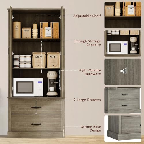 GarveeHome Kitchen Pantry Cabinet, Farmhouse Storage Cabinet with Barn Doors, Drawers and Adjustable Shelves, Versatile Storage for Kitchen, Dining Room, Rustic Grey