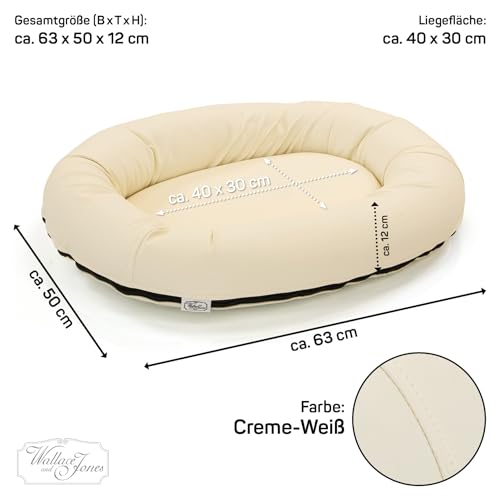 Wallace & Jones | Premium Hundebett Bolton Hundesofa 63x50 cm Hundecouch aus Kunstleder Hundebett für kleine Hunde, verdeckter Zipper, waschbar, rutschfest, Creme-weiß
