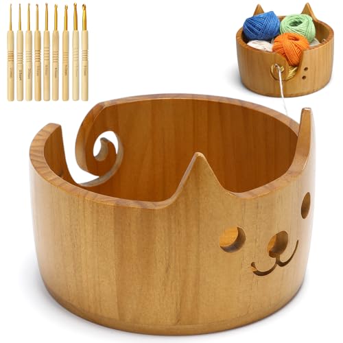 Giegxin Wooden Cat Yarn Bowl Large Yarn Bowls for Crocheting Polished Crochet Holder with 9 Pcs Crochet Knitting Tools 7.5 x 5 Inch for Knitting and Crocheting Accessories(Light Brown)