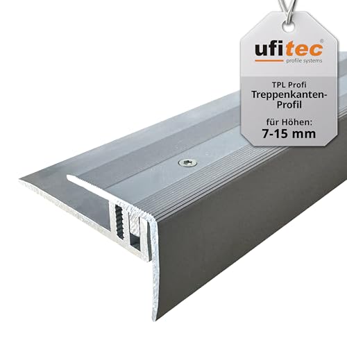 ufitec Profilsystem für Parkett- und Laminatböden - für Belagshöhen von 7-16 mm - viele Farben lieferbar (Treppenkantenprofil, Silber, 90 cm länge)