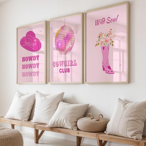Image of NoWorries Modern Cowgirl Theme Wall Art Framed Painting Set | Pink Western Pop Art & Typography Posters | Premium 300 GSM Paper Print with Synthetic Wooden Frame | Aesthetic Wall Decor for Hotel, Living Room & Bedroom (Pattern-illustration) (Set of 3) (NATURAL, ART-3, 13X19INCHES)
