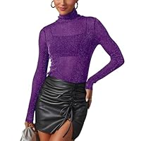 AISEW Womens Mesh Sheer Long Sleeve Glitter Tops Sexy See Through Sparkly Shirts Turtleneck Layering Top Shirt (Purple, 7032S)