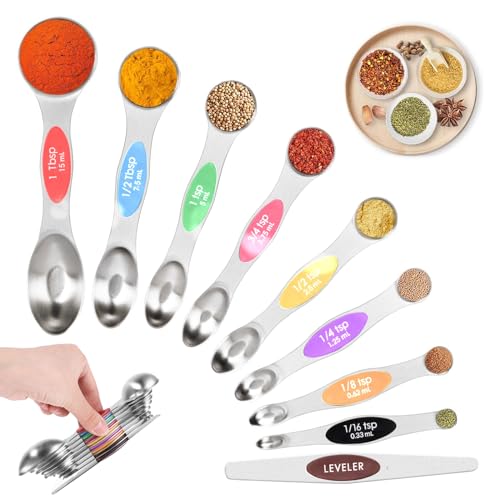 XiangSKY Magnetic Measuring Spoons Set of 9,Dual Sided Stainless Steel Stackable Teaspoon Tablespoon with Scale and Leveler, Fits in Spice Jars for Measuring Dry and Liquid Ingredients