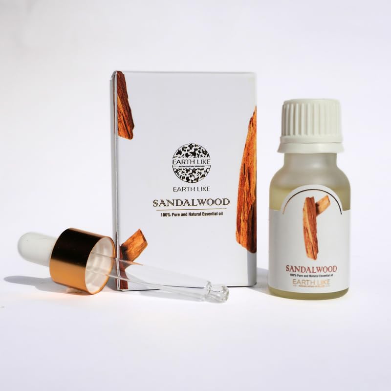 EARTH LIKE Sandalwood Essential Oil for Skin Care, Acne Treatment, Wrinkle Reduction, Aromatherapy & Relaxation | 15ml, Pack of 1 | Pure Sandalwood Oil for Skin Health, Stress Relief & Wellness