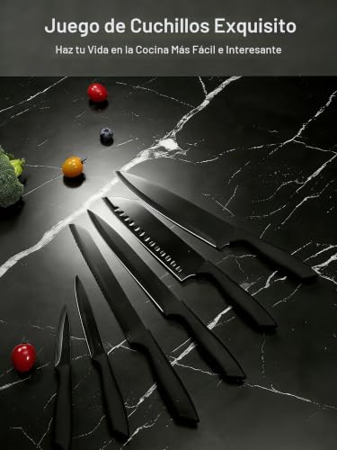 Miniatura 7 de D.Perlla Juego De Cuchillos De Cocina Profesional 6 Piezas Cuchillos Acero Inoxidable Cuchillo Chef Mango Ergonómico, Negro