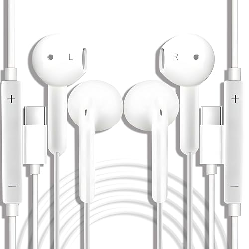 USB C Headphones 2 Pcs USBC Headphones Wired Earphones Type C In Ear Earbuds With Mic & Volume Control for iPhone 15/16 Plus iPad Samsung Galaxy S25 S24 S23 S22 S21 FE iPad Pro Huawei Google Pixel