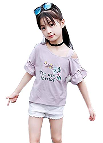 (フッカツ)2019夏 子供服 半袖Tシャツ 女の子 オフショルダー トップス 半袖 女児 肩出し 花柄刺繍 フレアスリーブ クルーネック キッズ 夏物 カットソー 可愛い リゾート ピンク120