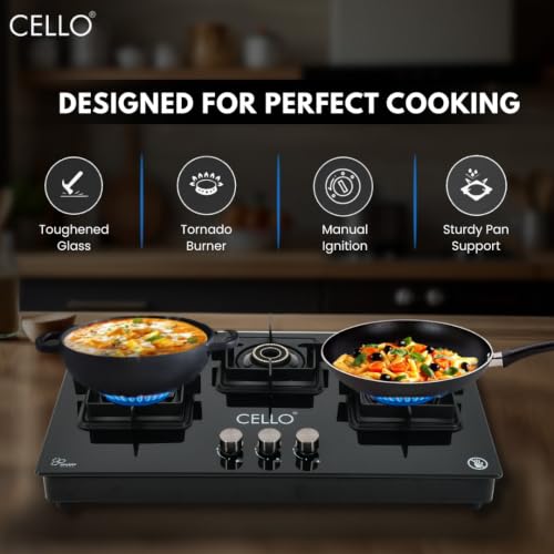 Image of Cello Classic Plus 3 Burner Gas Stove | Glass Hob Top Cooktop with Brass Burners | 8mm Toughened Glass | ISI Certified | Manual Ignition | Flame Guard Pan Supports | Premium Black