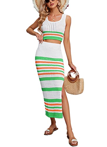THLAI Women 2 Piece Outfits Skirt Sets Crop Tank Top and Side Split Midi Skirt Sets Summer Skirt Outfits
