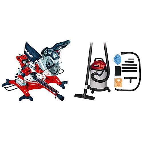 Einhell Ingletadora TC SM 2131/1 Dual (máx. 1.800 W, 4.900 min 1, función de tracción integrada, tope de pieza, dispositivo de sujeción, incl. hoja de sierra de carburo de tungsteno, láser) +Aspirador