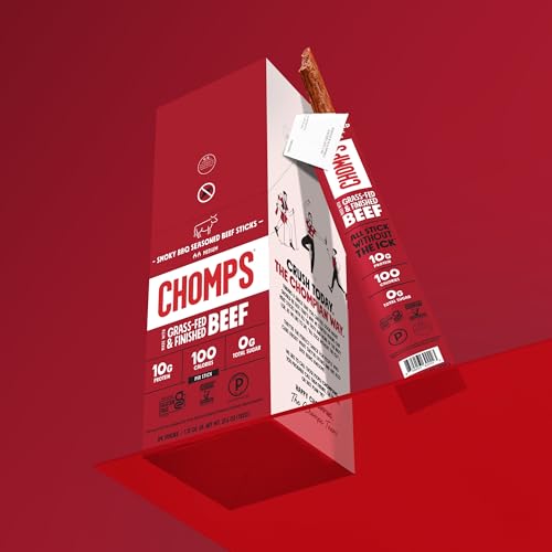 Image of Chomps Grass-Fed and Finished Smoky BBQ Beef Jerky Snack Sticks 10-Pack - Keto, Paleo, Whole30, 10g Lean Meat Protein, Gluten-Free, Zero Sugar Food, Non-GMO
