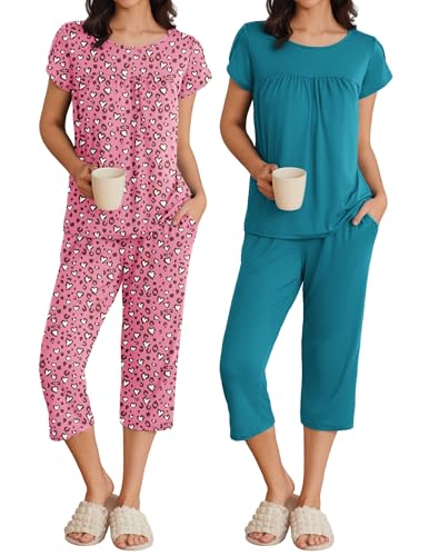 Image of Ekouaer Women's Capri Pajama Set Short Sleeve Mumu Pjs Pleated Top Capri Pants with Pockets Sleepwear Lounge Set
