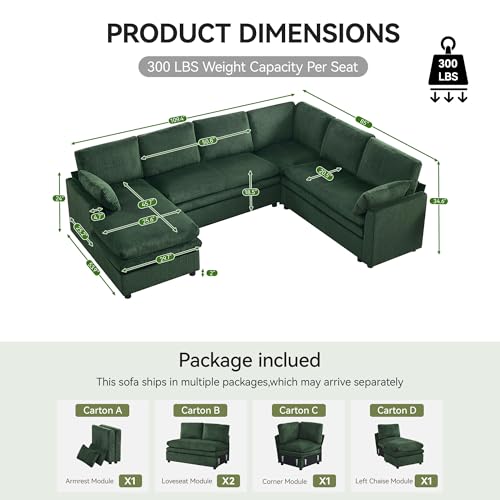 Image of 110 inch Sectional Couches with Left Chaise, Comfy Deep Dual-Layer Cushion Couch, 7 Seater U Shaped Couch, Modern Modular Sofa, Corduroy Sofas for Living Room, Apartment, Green