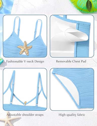 Image of Teen Girls Swimsuits V-Neck Bikini Set Bathing Suits Cross Straps Two Piece Swimwear with Drawstring