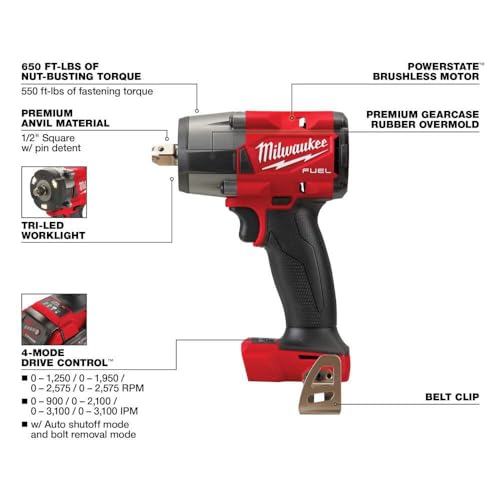 Milwaukee M18 FUEL 1/2 Mid-Torque Impact Wrench with Pin Detent (Bare Tool) 2962P-20