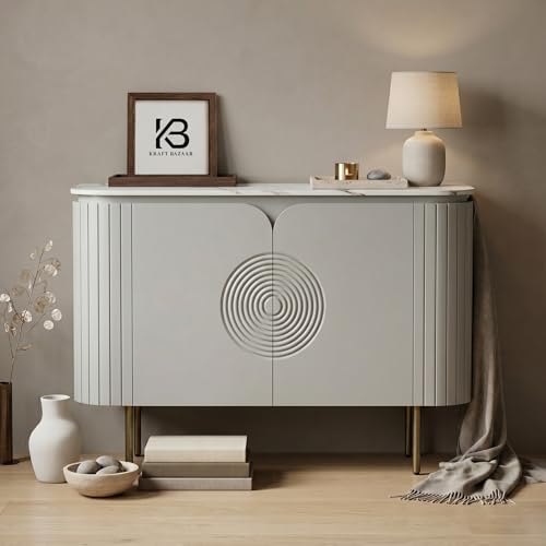 Image of Solid Wood Mandala Sideboard Cabinet with Sintered Stone Top for Living Room | Premium Acrylic Silver Grey Finish | 119.8cm W x 39.8cm D x 85cm H