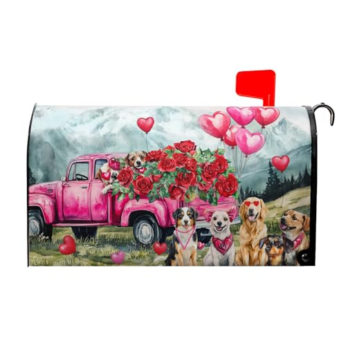 Image of Happy Valentines Day Mailbox Cover Magnetic Valentine Truck Dog Flowers Mailbox Wrap Post Cover Large Size 25.5x21 Inch for Garden Yard Outdoor Outside Patio Wedding Holiday Decor