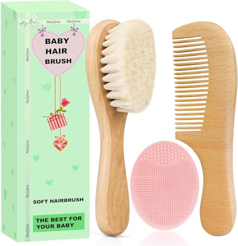 Baby-Haarbürste und Kamm-Set für Neugeborene und Kleinkinder, Babybürsten-Set aus Holz mit weichen Ziegenborsten, Holzkamm, rosa Milchschorfbürste, ideal bei Milchsc...