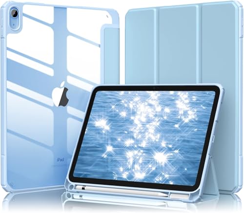 iPad 11世代/10世代 ケース iPad（A16）11インチ 2025/10.9インチ 2022通用 A2696 A2757 A2777 ペン収納 耐衝撃 三つ折り シリコン スマートカバー（スカイブルー）