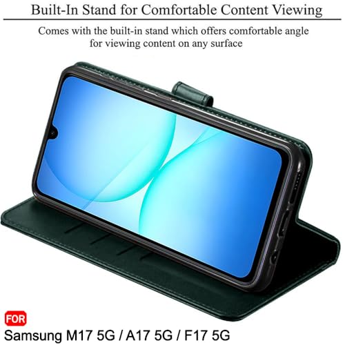 Image of TheGiftKart Flip Cover Back Case for Samsung Galaxy M17 5G / A17 5G / F17 5G | Genuine Leather Finish | Designer Button | Inbuilt Pockets & Stand | Flip Cover Back Cover Case (Faux Leather, Green)
