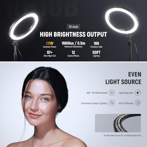 Image of NEEWER 10 inch 20W LED Ring Light with Desk Stand Phone Holder for iPhone Laptop, Bi Color 2900K-7000K, USB C PD Input, CRI97+ 1660LX /0.5m, Selfie Makeup TikTok Recording Video Conference Lighting, RH10B