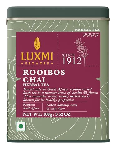 LUXMI Estates South African Rooibos Chai Herbal Tea | 100g Tin Caddy | 100% Natural & Certified Organic | Caffeine-Free | Antioxidant-Rich, Supports Digestion, Heart & Skin Health | Relaxation & Wellness | 50 Cups